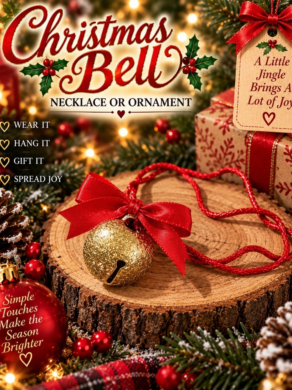 Gold and Red Holiday Bell Necklace — Festive Pendant